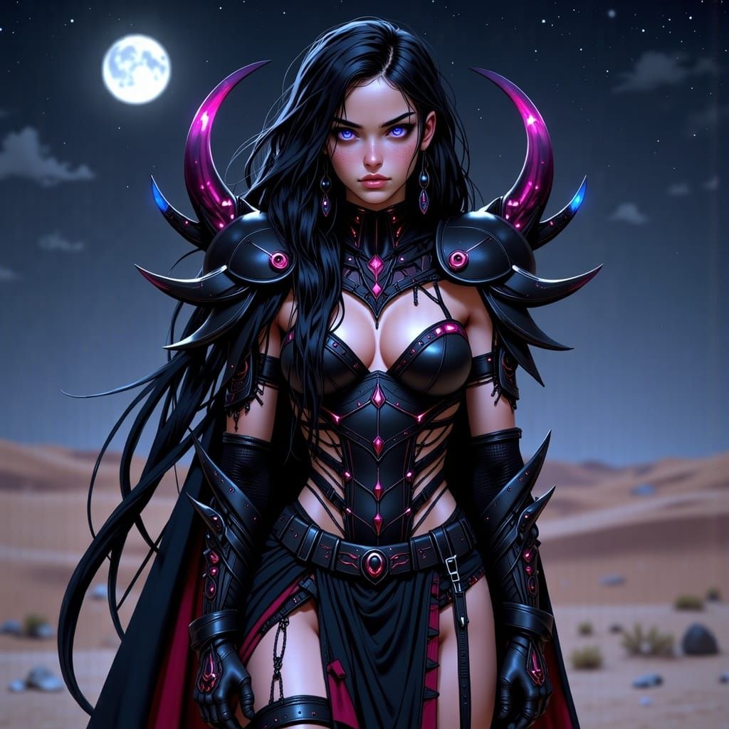 Mysterious Female Knight in Moonlit Desert