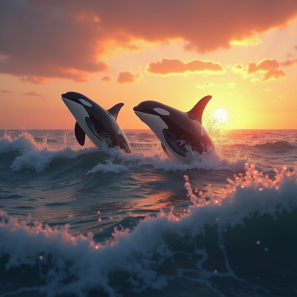 Orca Pod Soars in Synchronized Glory at Sunset