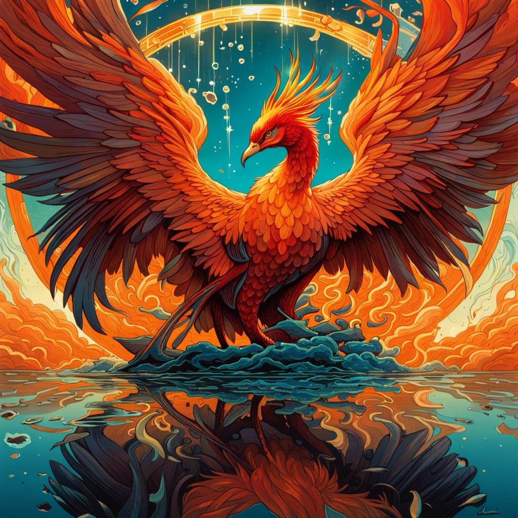 Hyperrealistic Phoenix Gazing at Mirrored Reflection