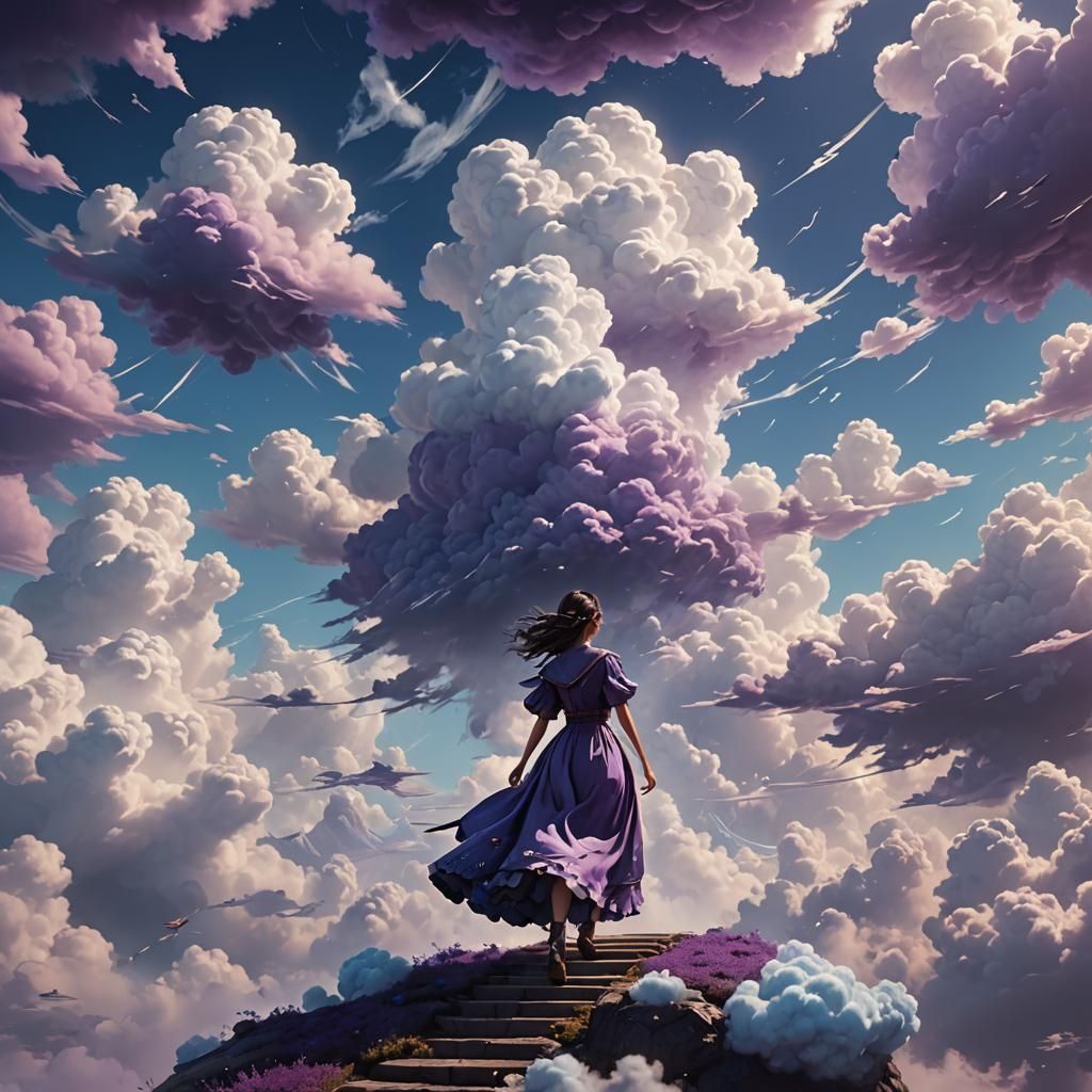 Girl Ascending Cloud Staircase in Fantasy Art Style