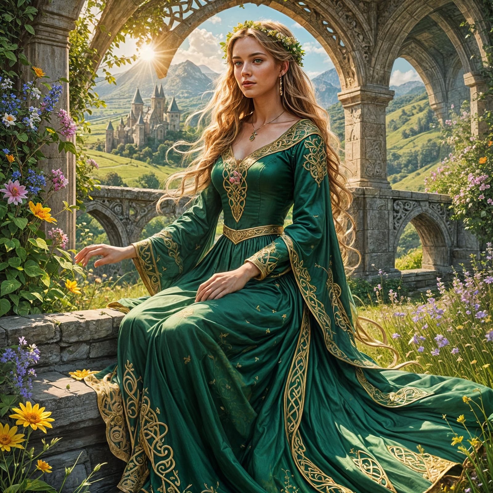 Celtic Princess on Floral Bridge in Fantasy Art
