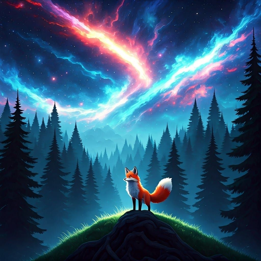 Fox in Misty Forest with Starry Night Nebula