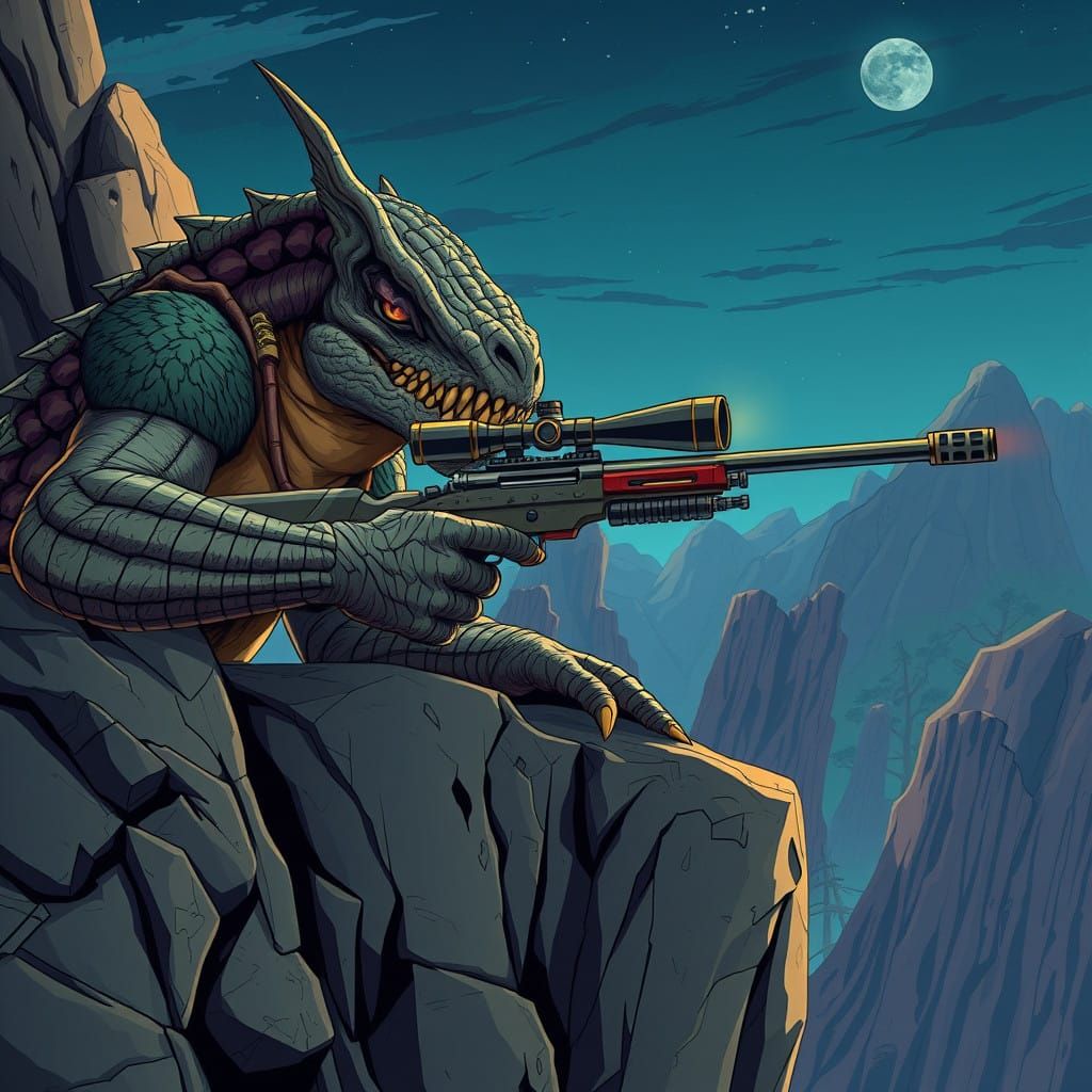 Reptilian Hunter in Prone Position with Sniper Rifle and Cyb...