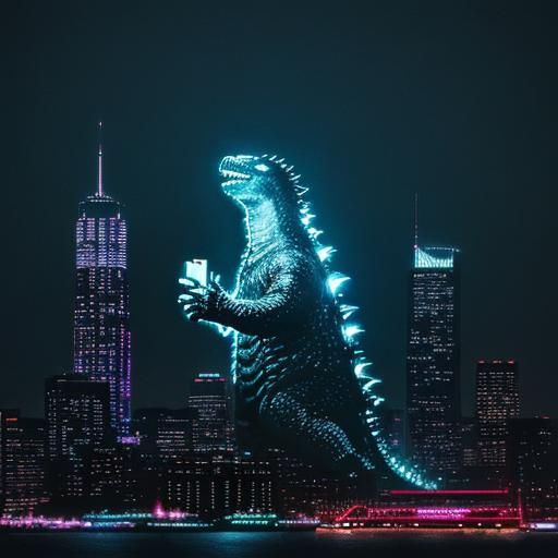 Godzilla Selfie with Neon Cityscape