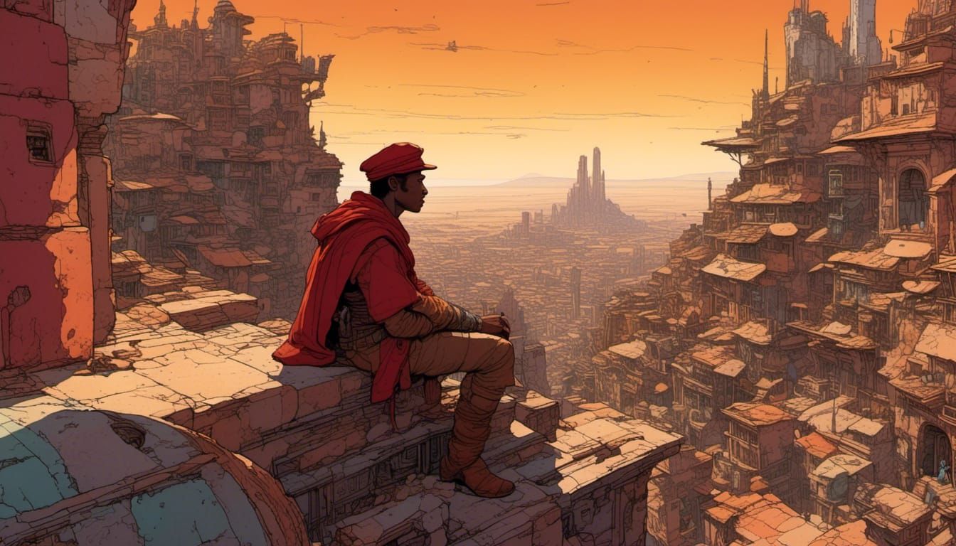 Pork Merchant in City Bus, Moebius-Inspired Digital Art