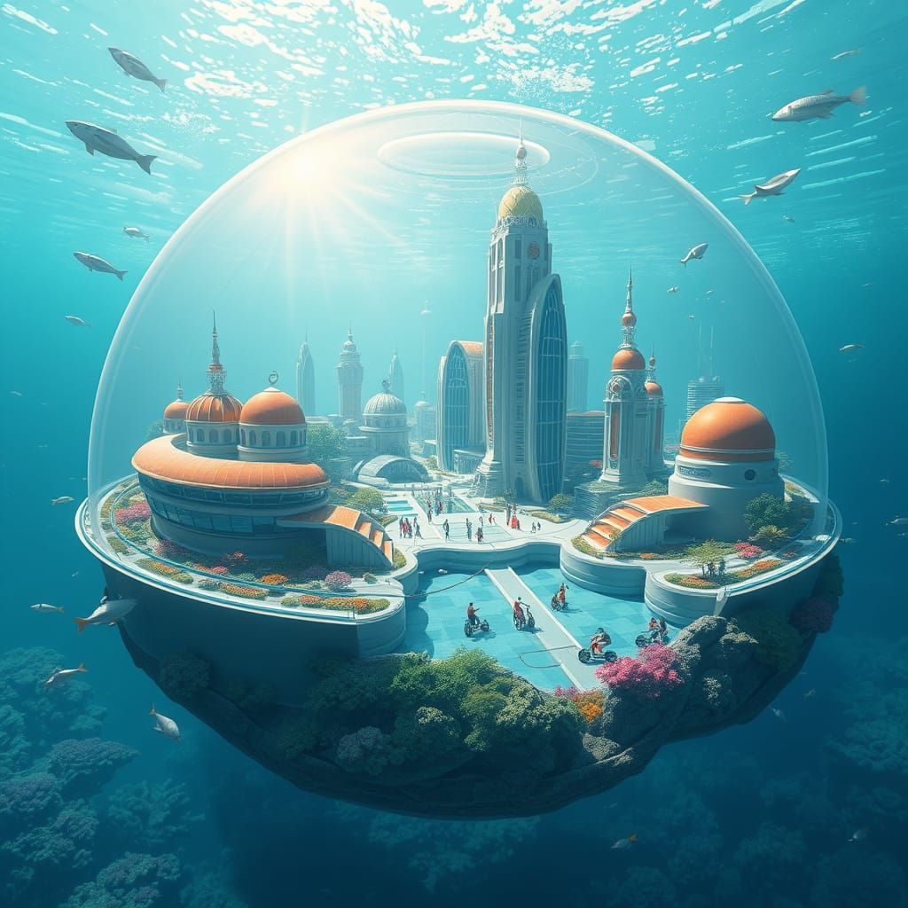 Bustling Underwater City in Futuristic Style
