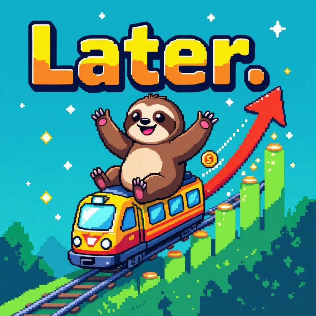 Pixel Art Sloth Meme Coin Logo Riding a 'Buy Train'