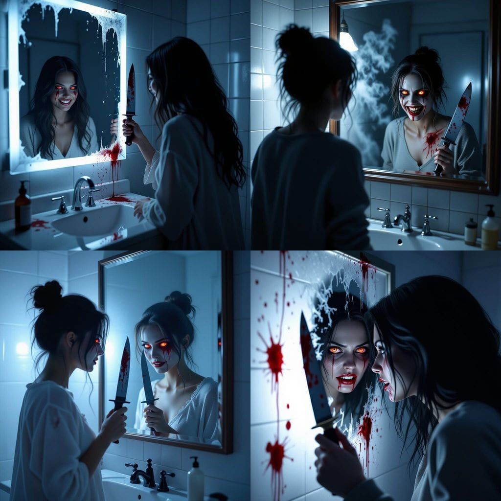 Eerie Reflection Grins With Demonic Eyes in Horror Scene