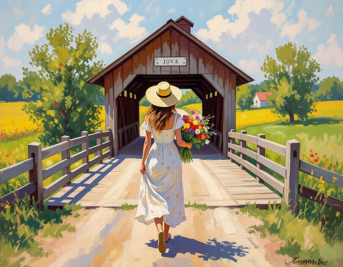 Woman on Covered Bridge in Impressionistic Style