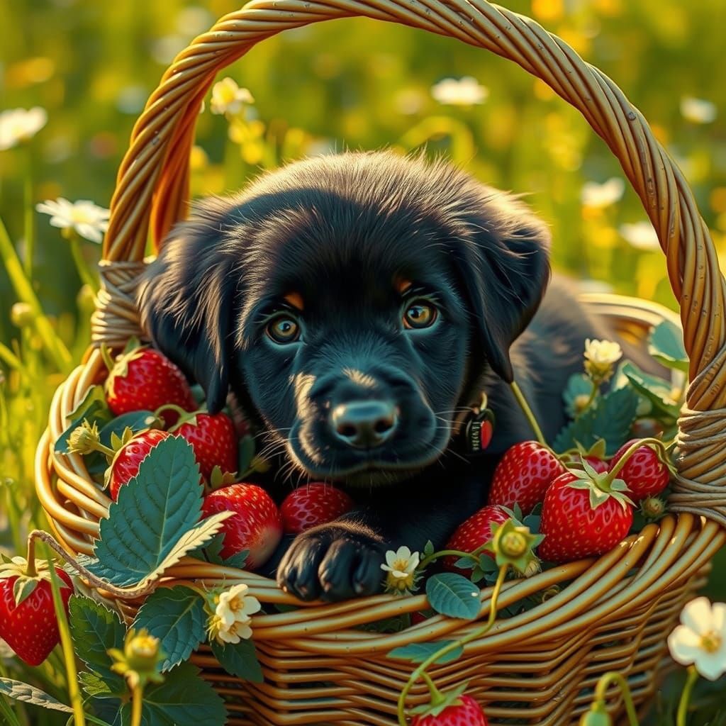 Whimsical Blacklab Mix Puppy in Vibrant Strawberry Field