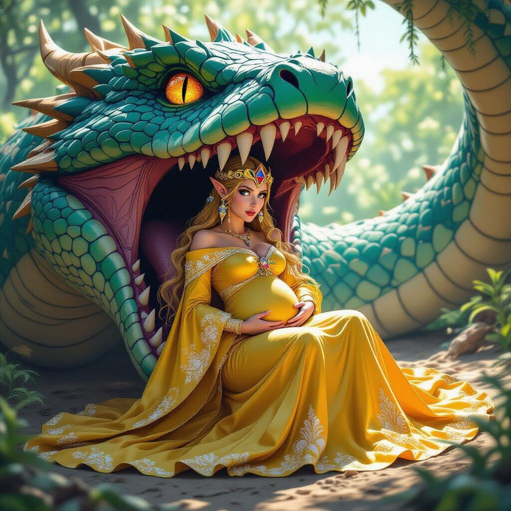 Pregnant Zelda and Serpentine Creature, Hyperrealistic Art