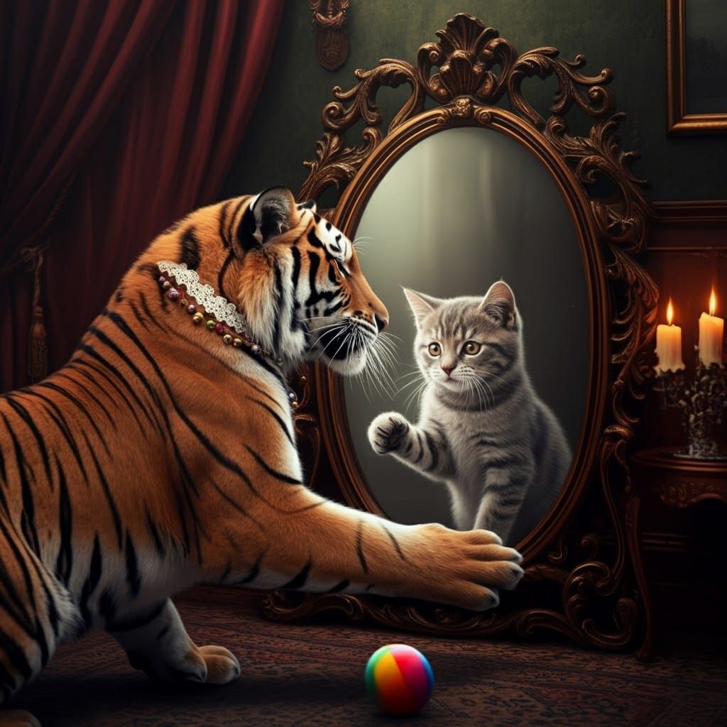 Tiger and Kitten Reflection in Hyperrealistic Style