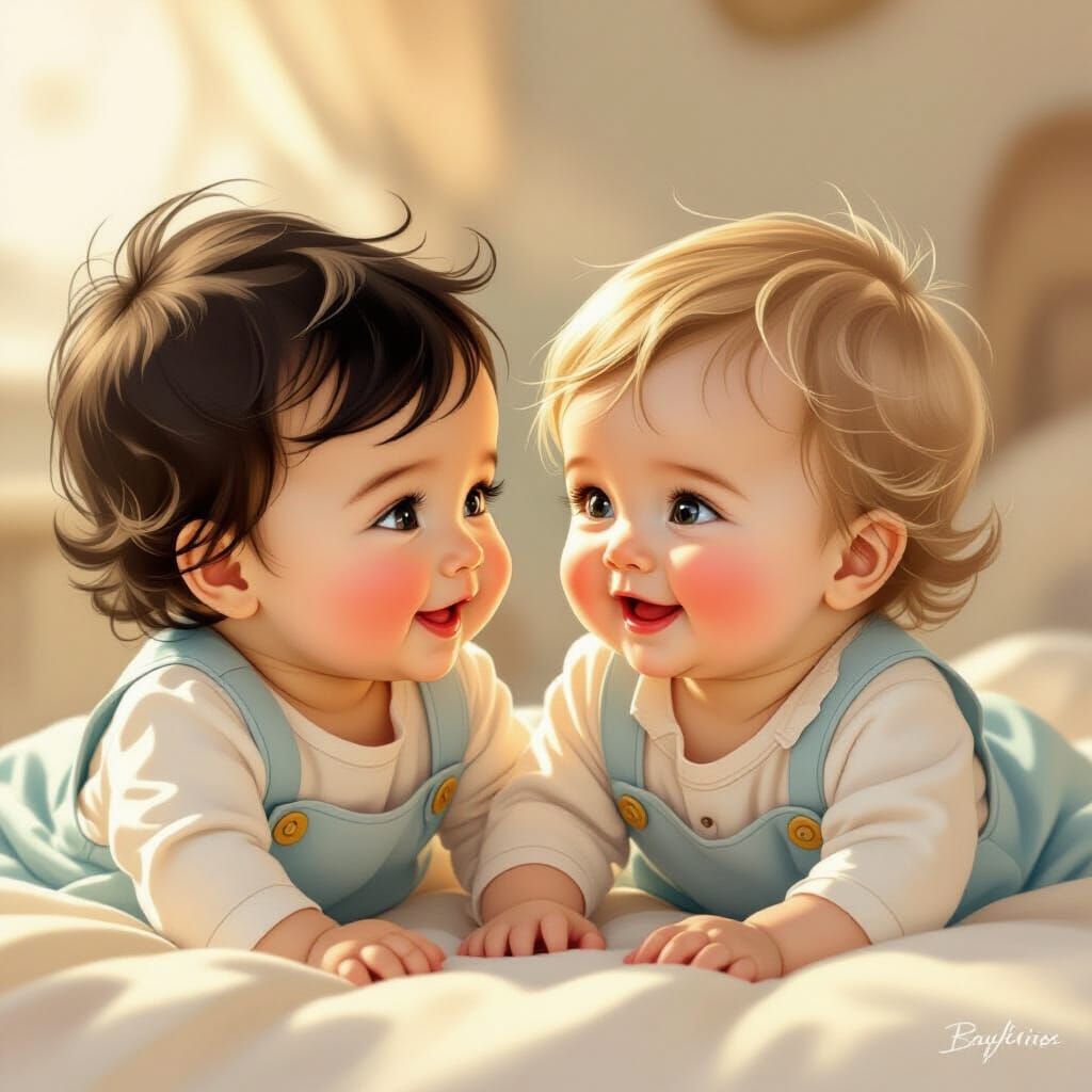 Adorable Babies in Matching Outfits, Digital Art