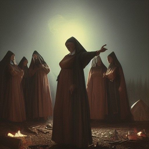 Sinister Nuns Dancing Around Campfire in Horror Style