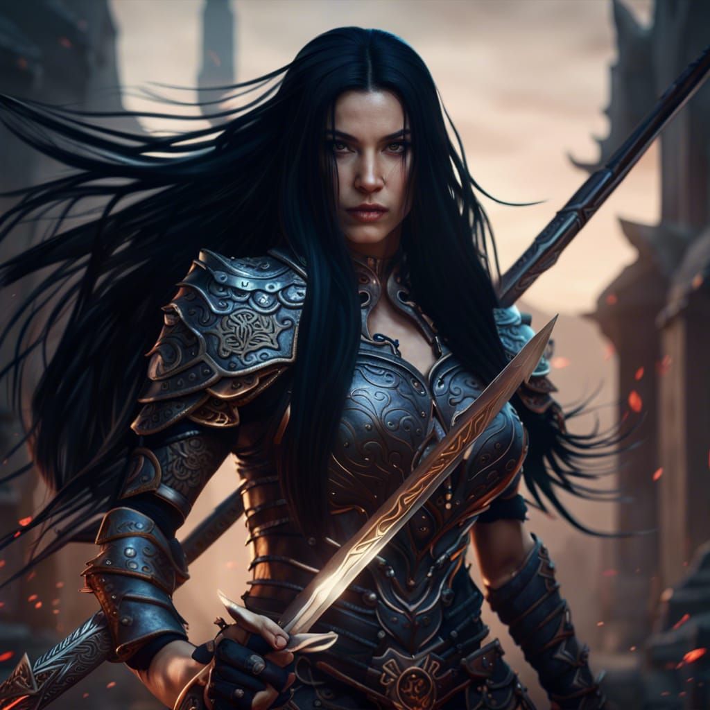 Fantasy Female Warrior with Sword in Detailed Matte Painting