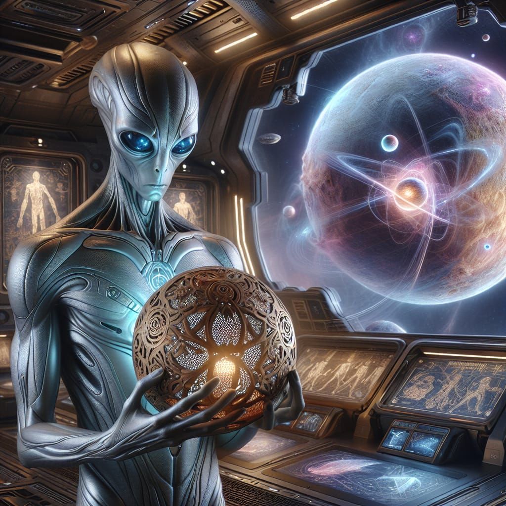 A sleek alien humanoid with shimmering silver skin and glowing photoelectric eyes stands aboard a futuristic starship, t...