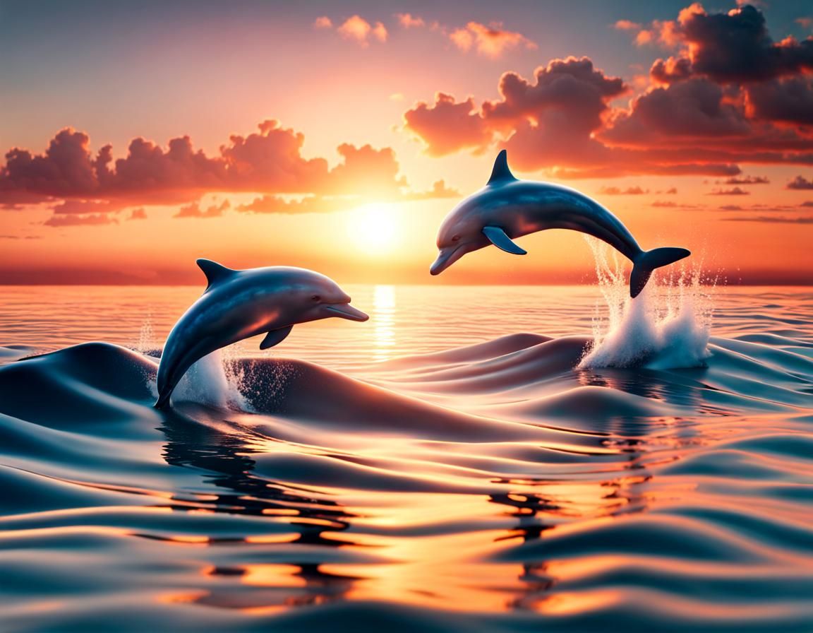 The classic, "Dolphins breaching the sea at sunset"