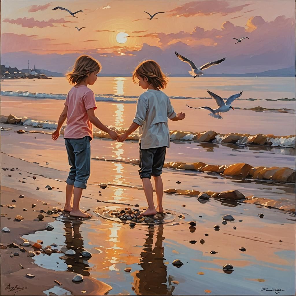 Children at Sunset: Serene Oil Painting