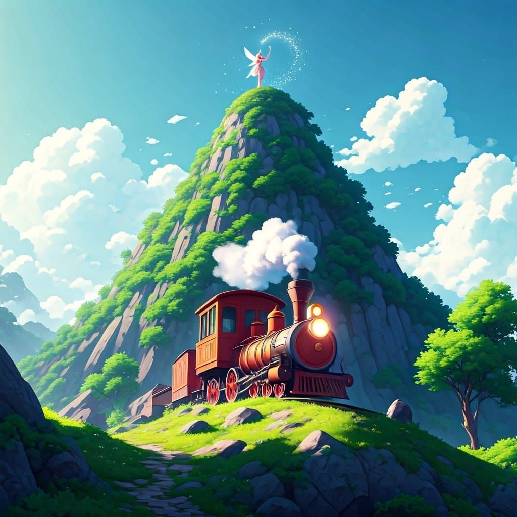 Whimsical Cartoon Train Climbs Majestic Mountain