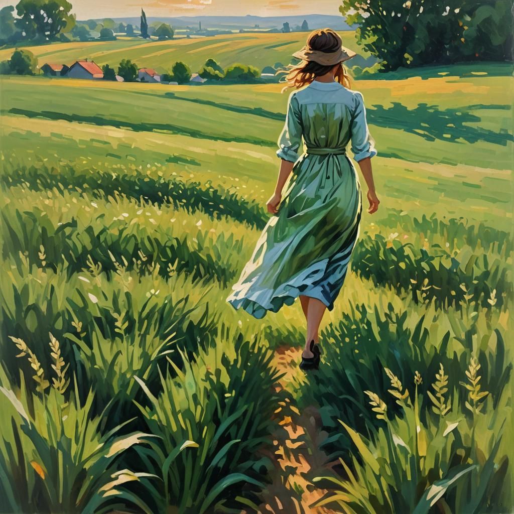 Impressionist Girl Walking Through Green Fields