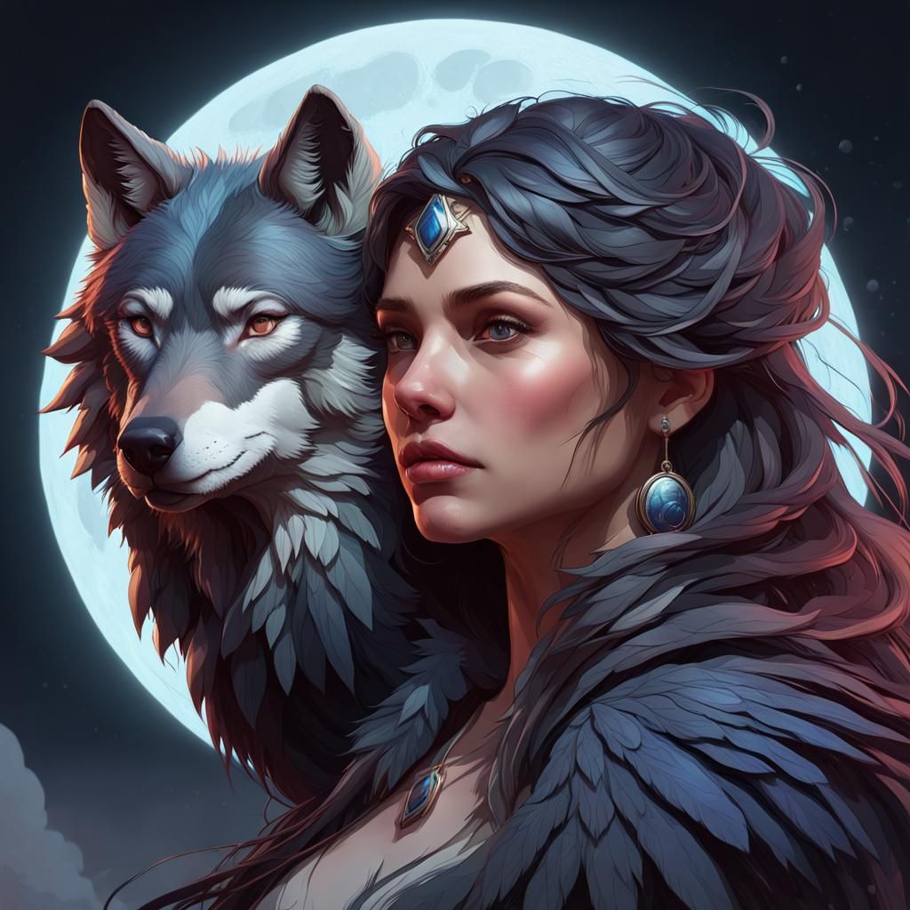 Wolf, Moon, Raven and Woman Portrait