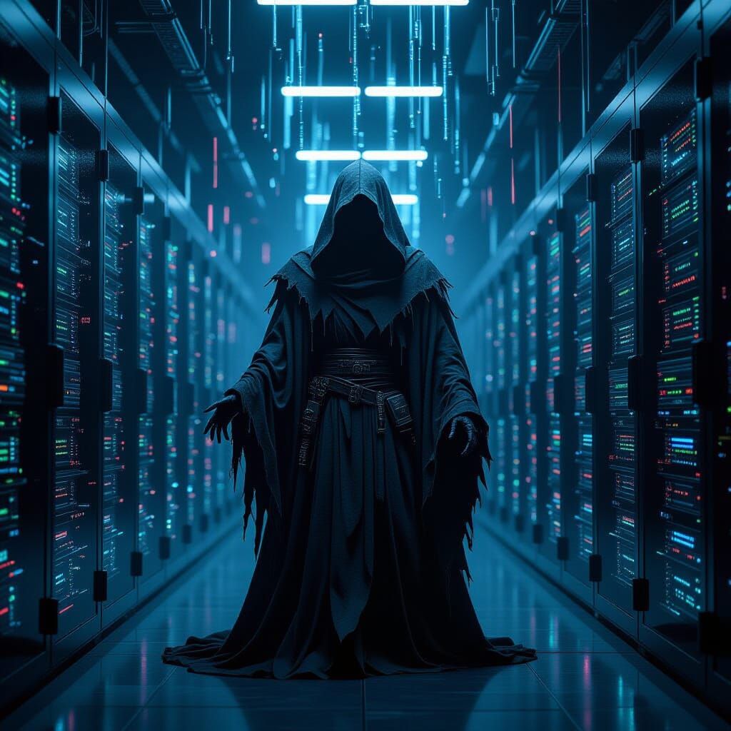 Cyberpunk Grim Reaper in Futuristic Server Room