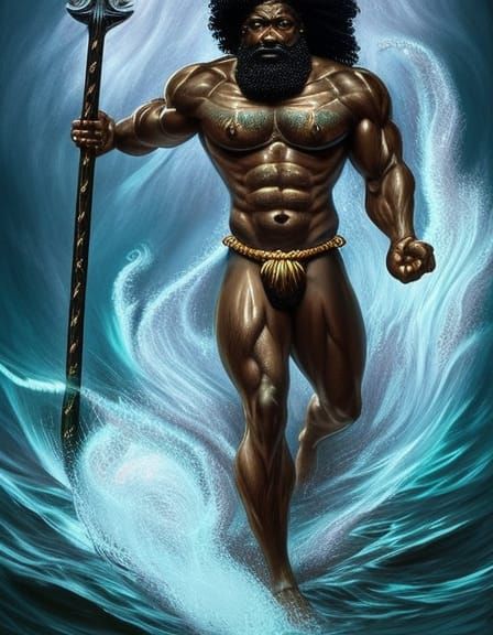 Majestic Black Poseidon with Trident in Electrical Storm