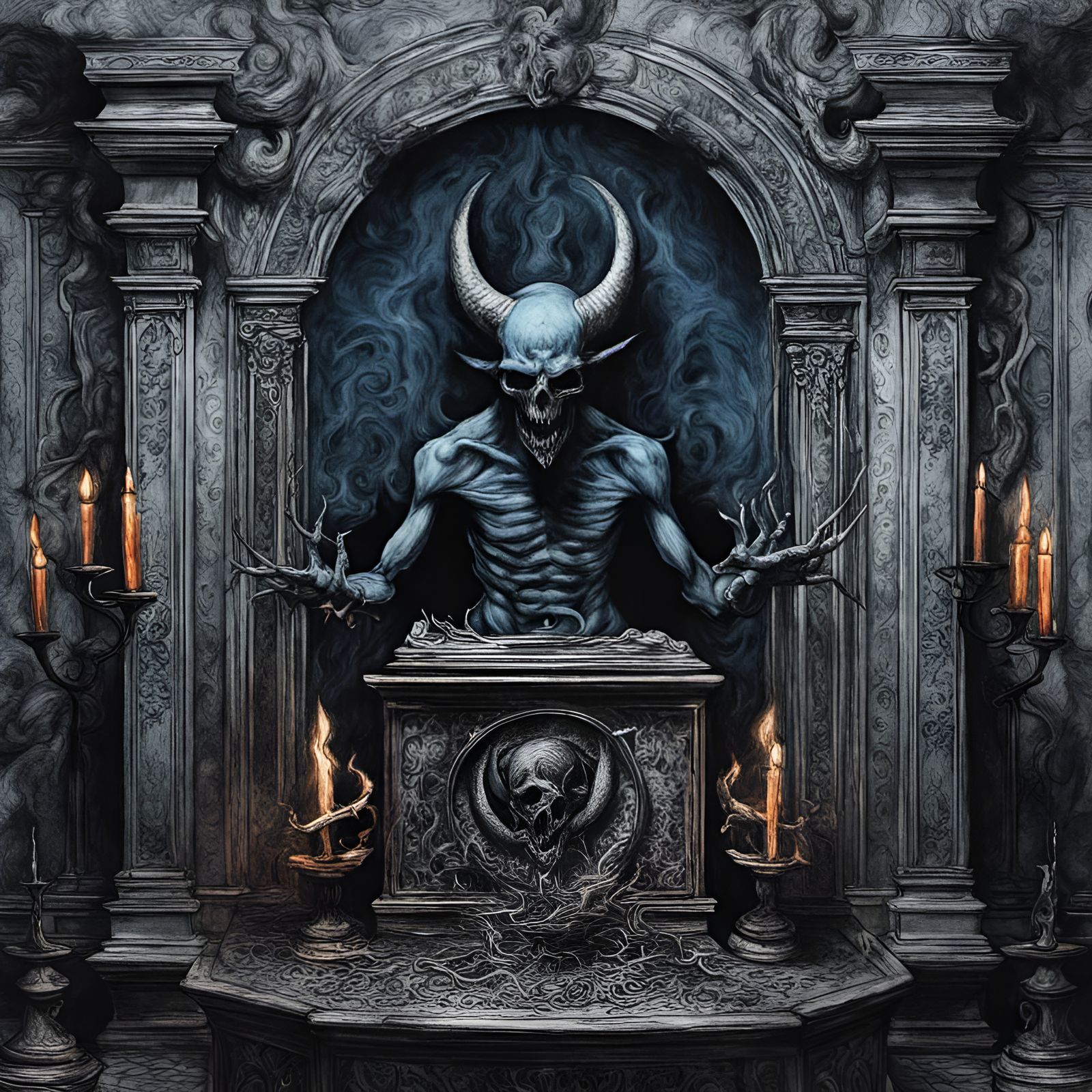 Infernal Demon at Satanic Altar in Eerie Style