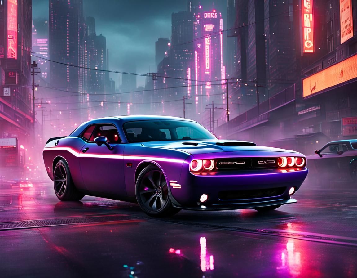 Dodge Challenger Races Through Cyberpunk City