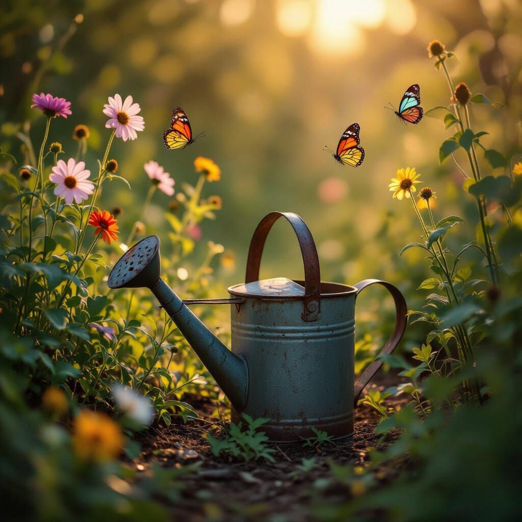 Abandoned Watering Can in Sun-Drenched Garden