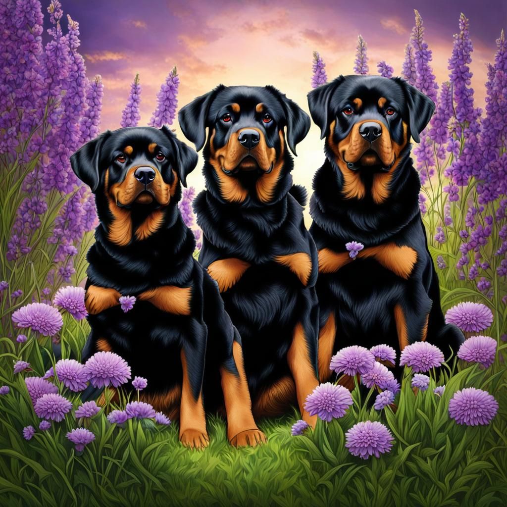 Rottweilers with Angel Wings in a Floral Meadow