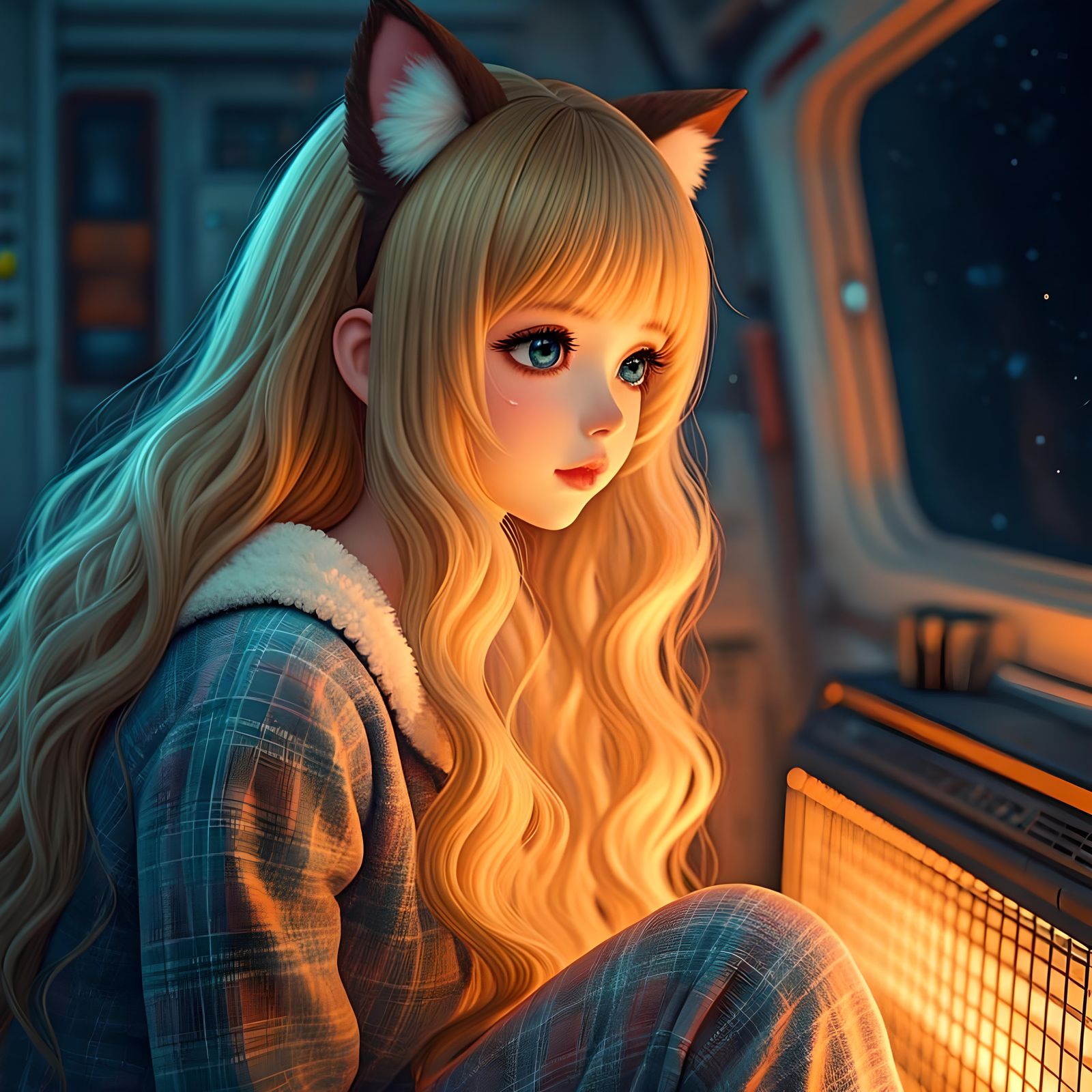 Blonde Woman with Kitty Ears in Spaceship