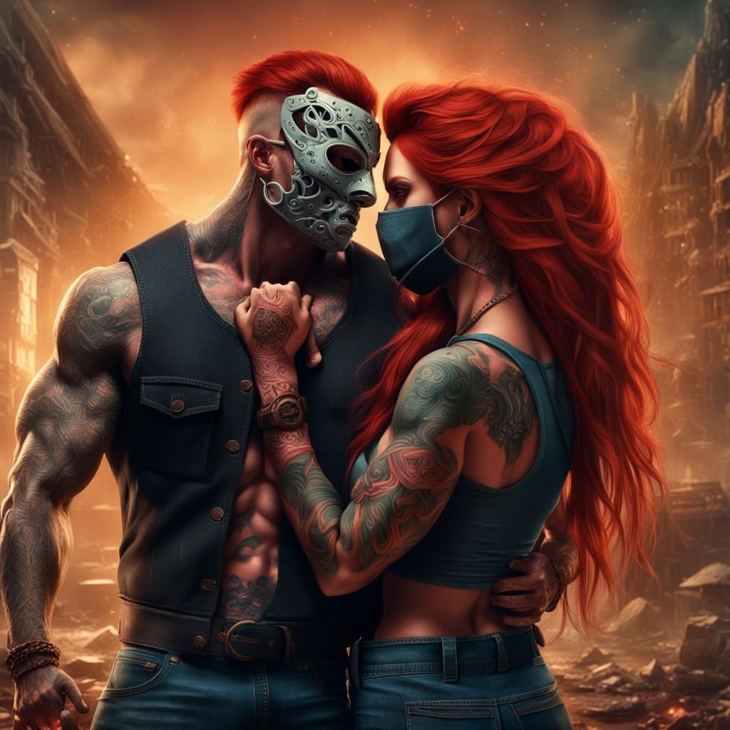 Masked Man Embraces Woman: Detailed Matte Painting