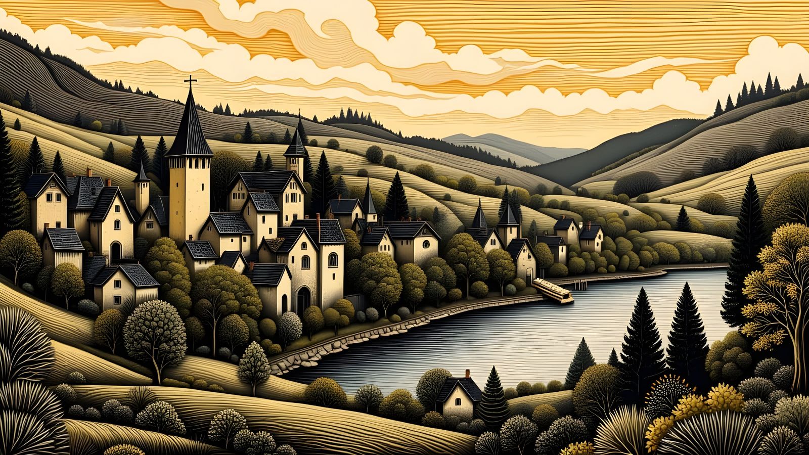 Medieval Village at Golden Hour as Wood Engraving