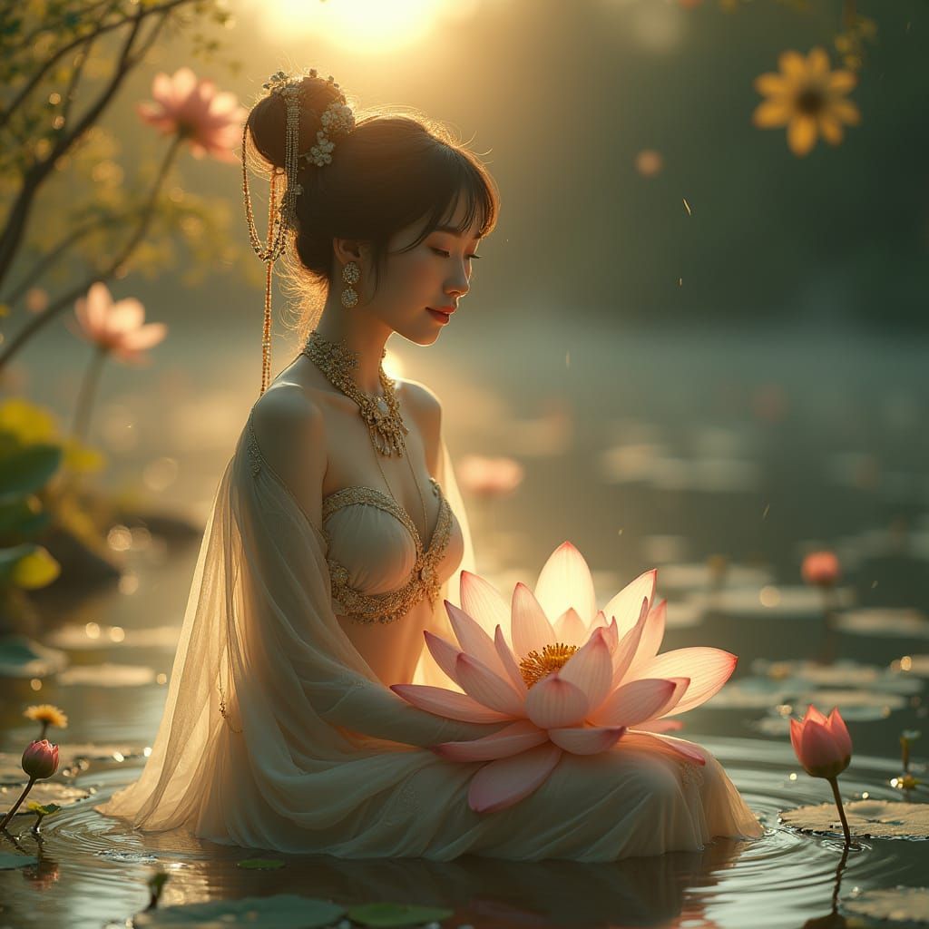 Lotus Goddess in Elegant Art Nouveau Style