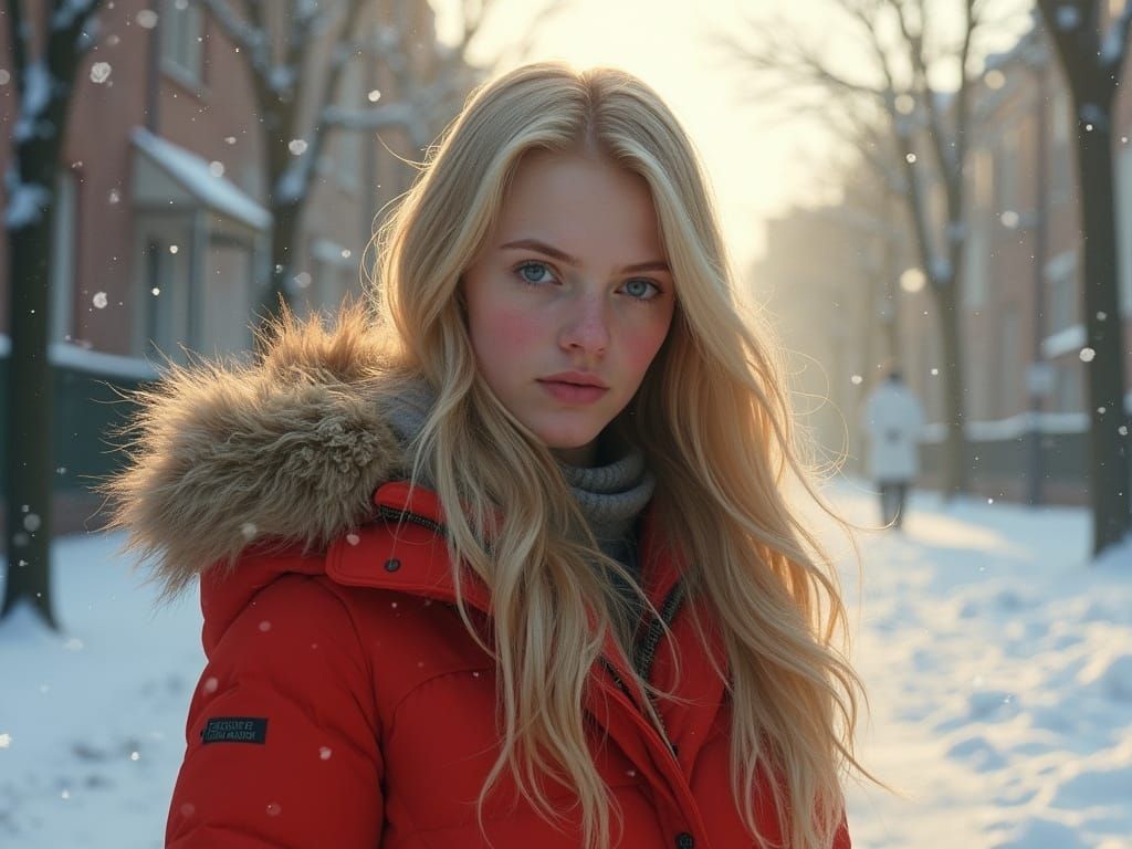 Young Woman in Snowy Solitude, Realistic Watercolor Style