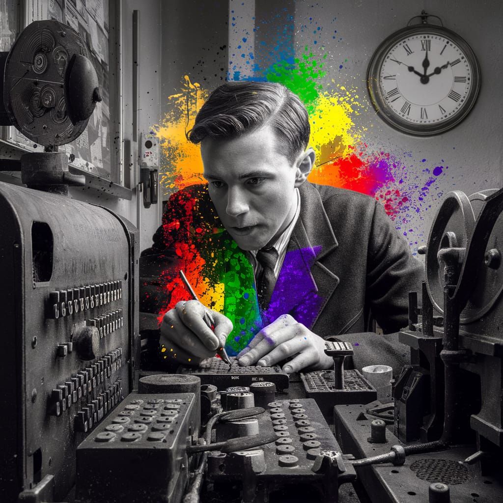 Alan Turing Working on Enigma Machine, Mixed Media Art