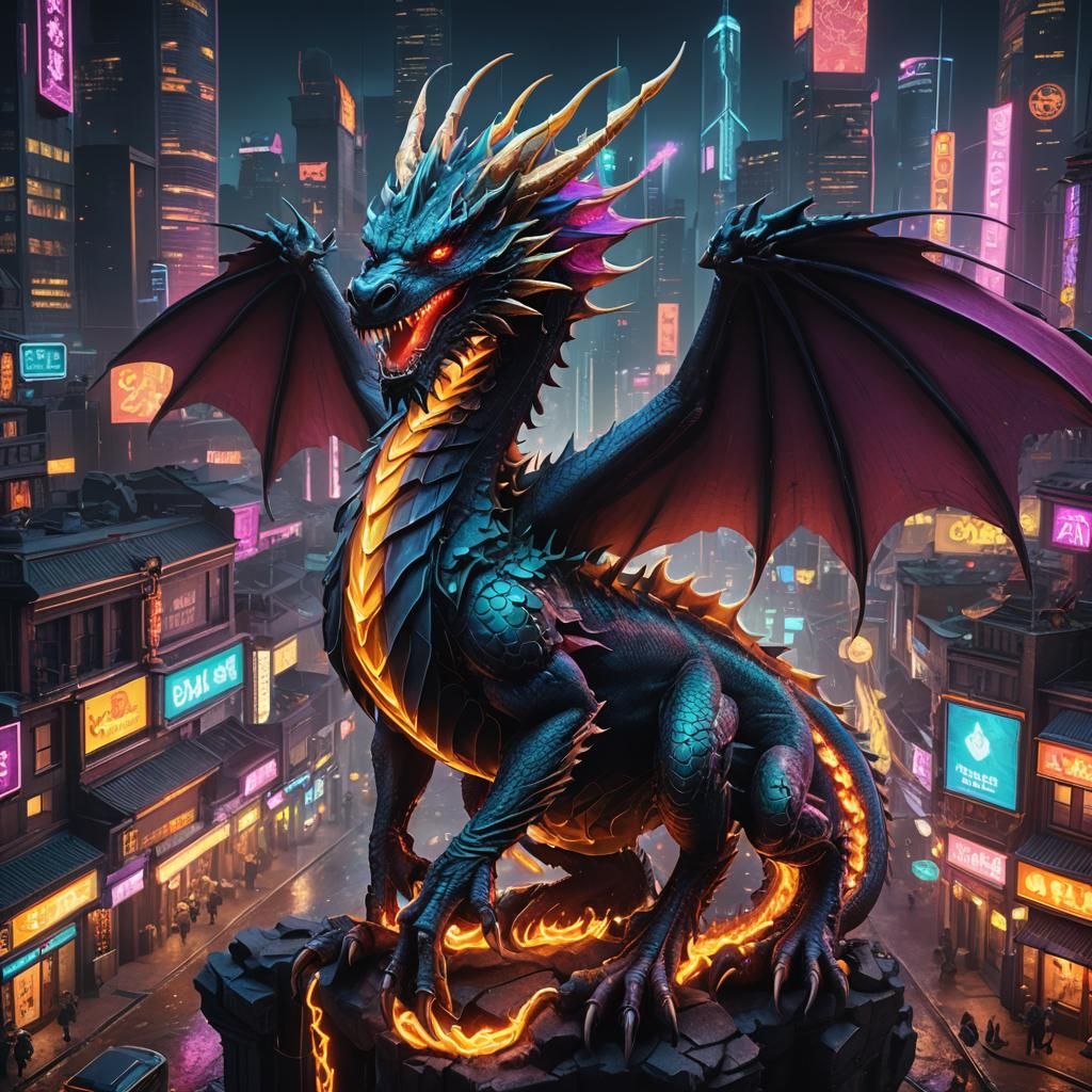 Neon Dragon Over Cyberpunk Cityscape