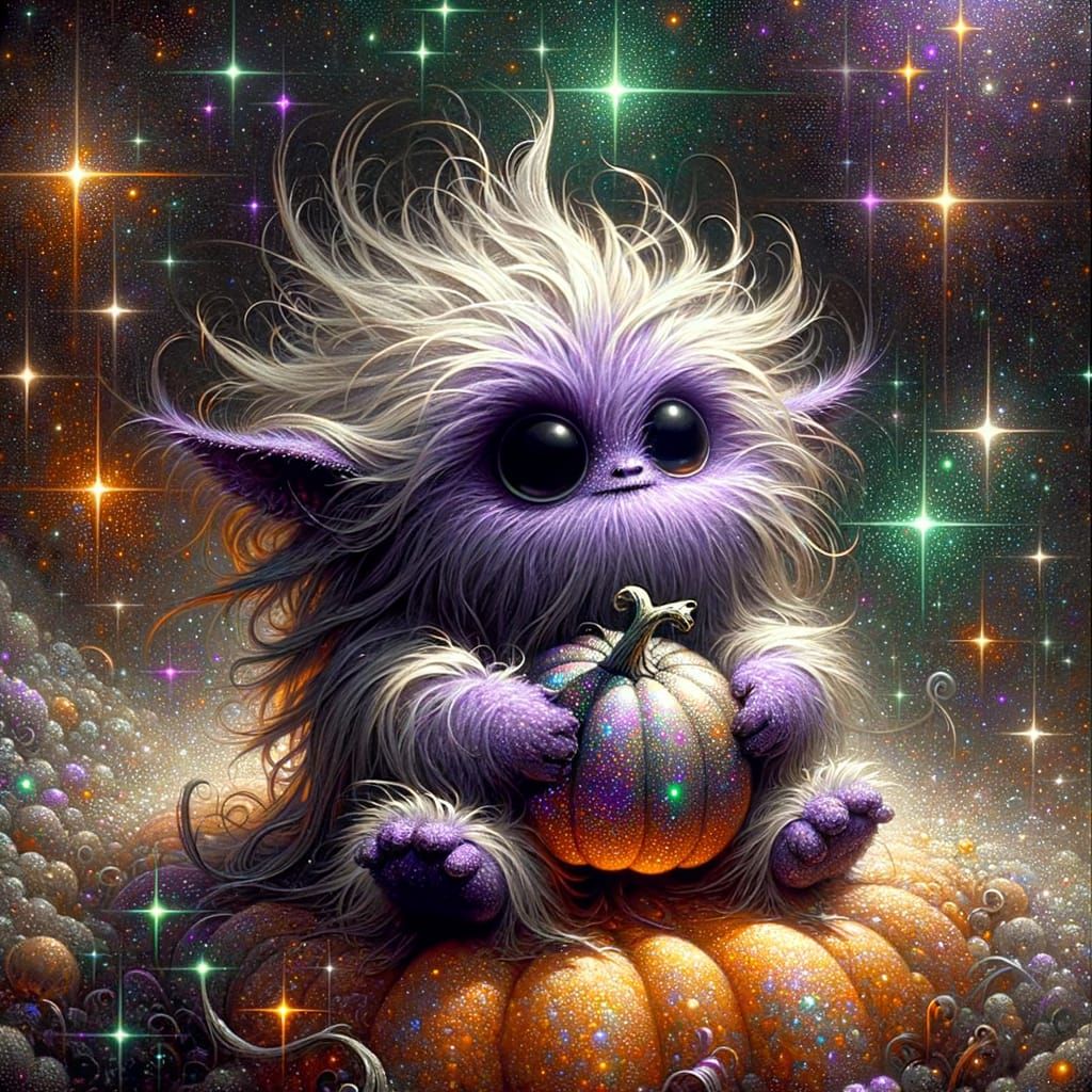 Cute Hairy Purple Creature Embracing Iridescent Pumpkin
