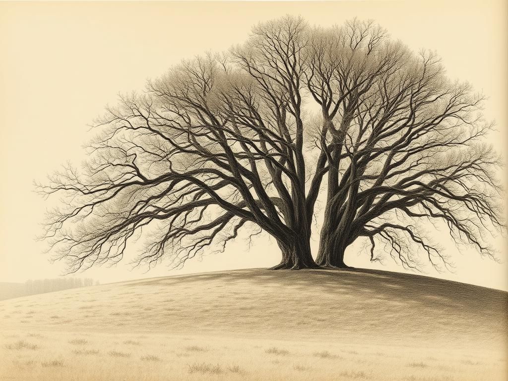 Majestic Hillside Beech Trees in Earthy Etching Style