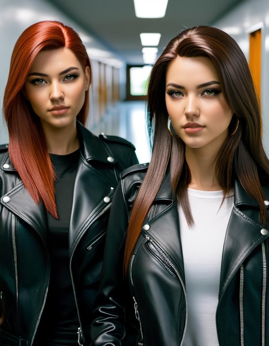 Student Girls in Leather Outfits: Ultrarealistic Image