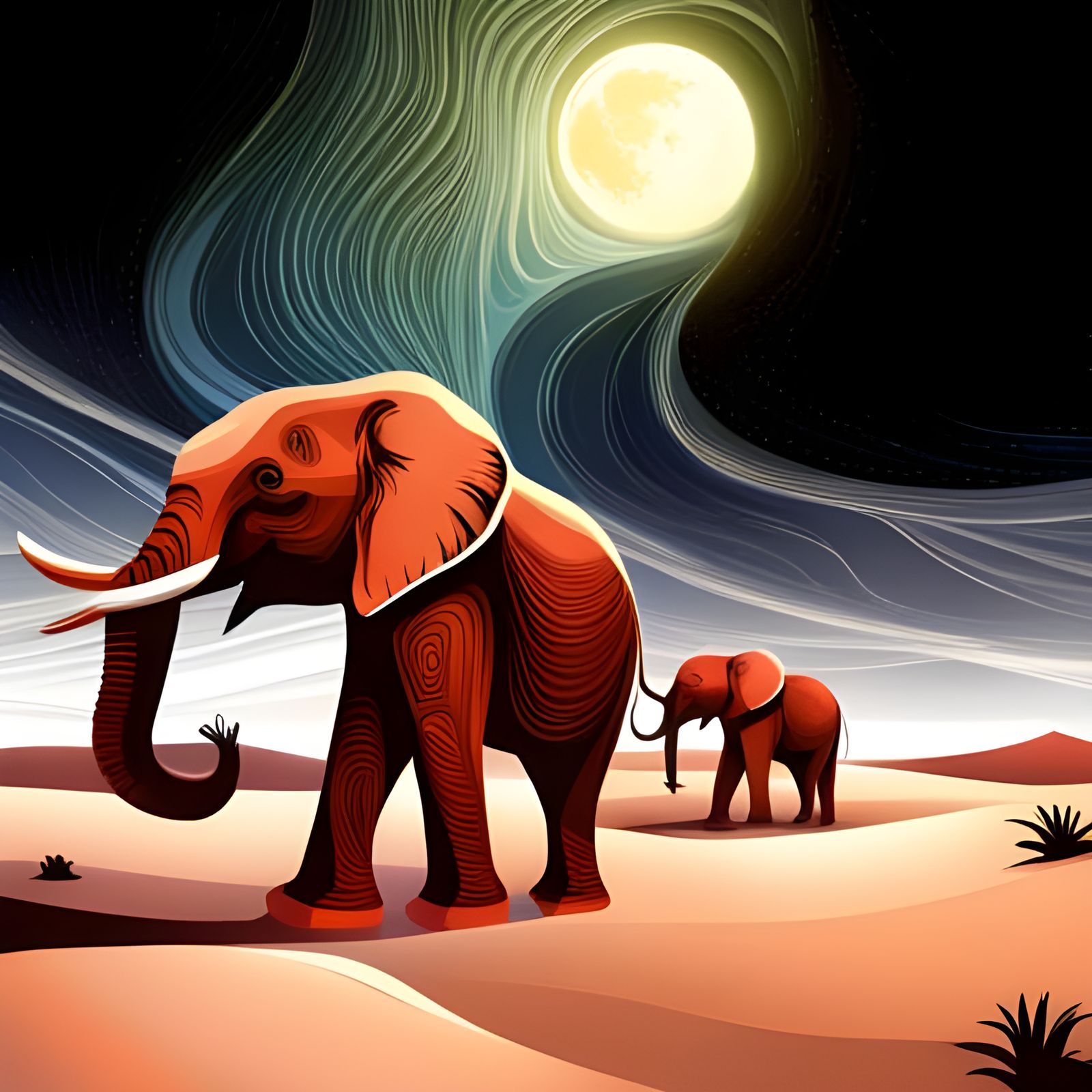 Elephant Family Journey Under Moonlight: 3D Shading