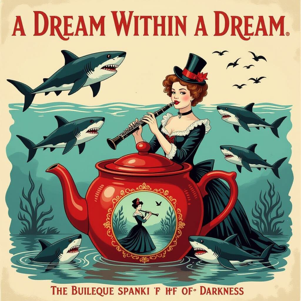Surreal Dreamscape with Sharks, Princess, and Coffeepot