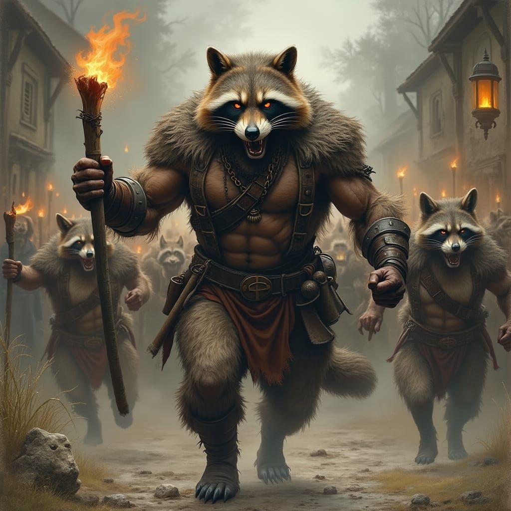 Anthro Raccoon Warrior Leads Frenzied Mob Through Medieval V...