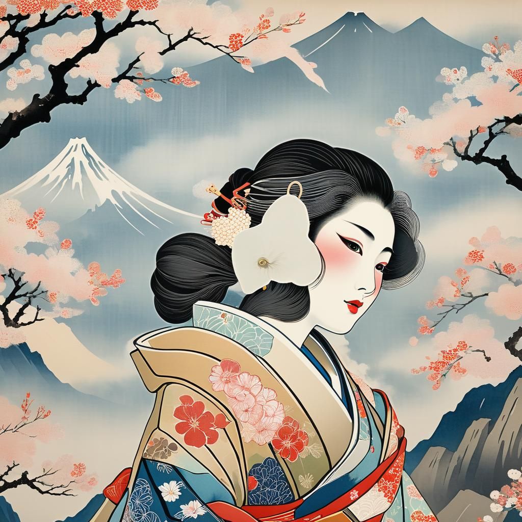 Geisha Under Mount Fuji in Ukiyo-e Style