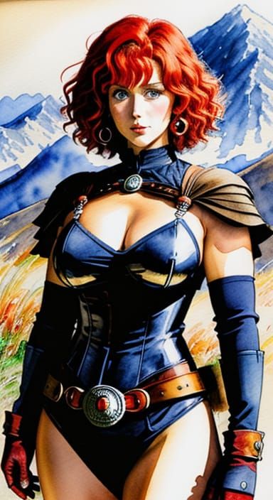 Red Sonja as a Photorealistic Anime-Inspired Watercolor Port...