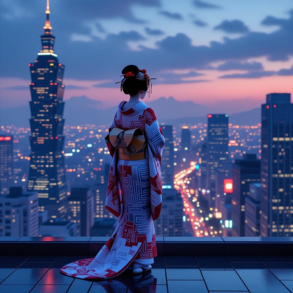 Cyberpunk Geisha on Rooftop Overlooking Dreamlike Cityscape