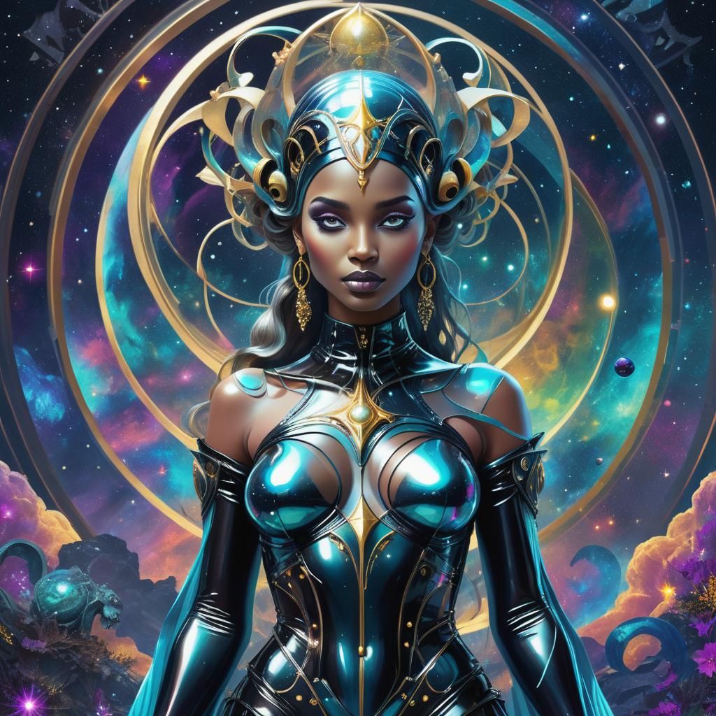 Gothic Venus Goddess in Latex, Holographic Astral Illustrati...