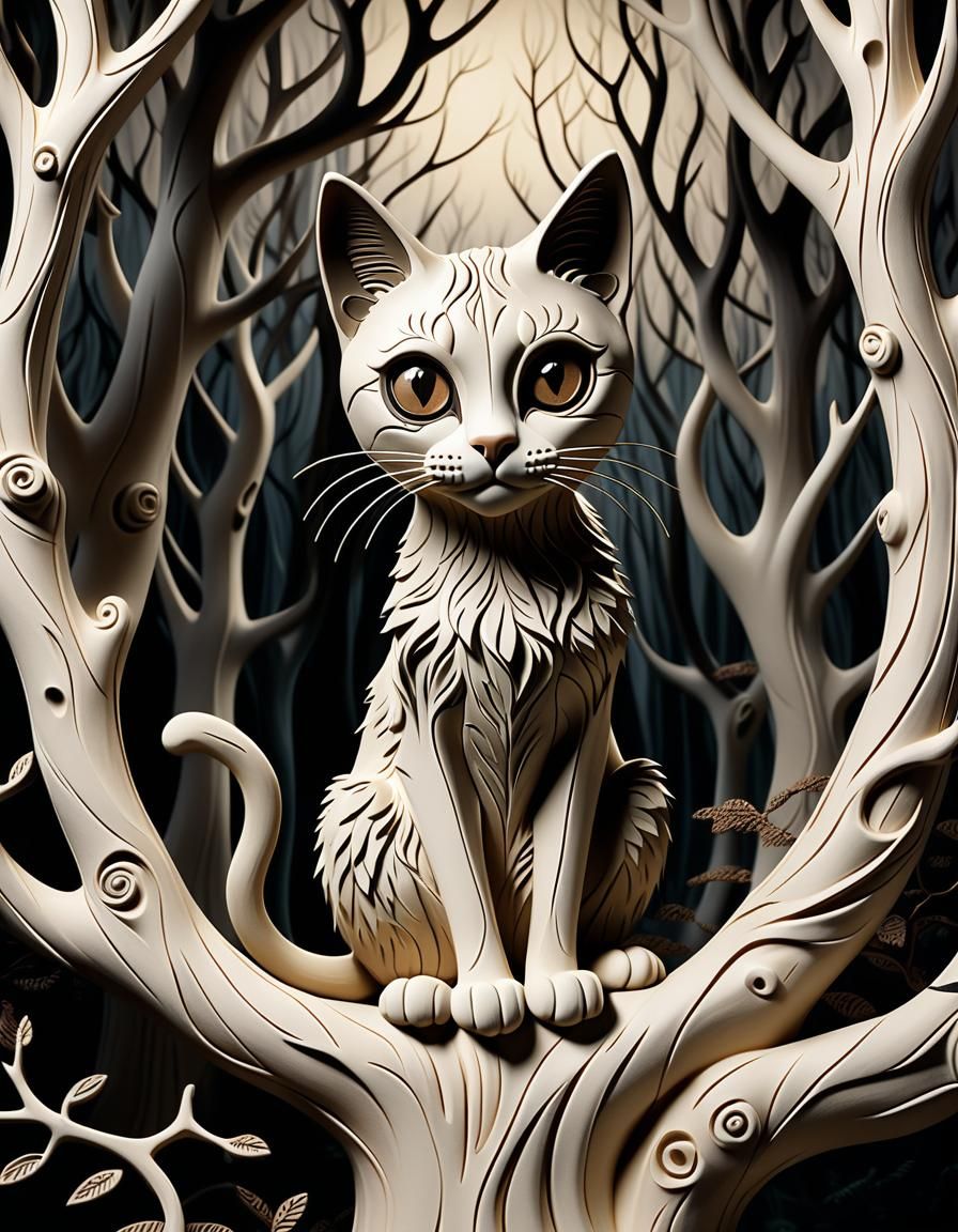 Mystical Forest Cat in High Relief Trompe L'oeil Style