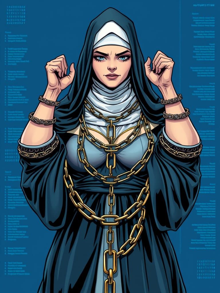 Nun, Chains wrapped around her arms, posing centrally in a symmetrical